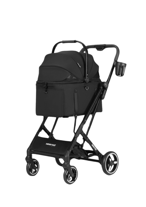 A sleek black pet stroller with an enclosed canopy, mesh ventilation, and a cup holder on the handle. Designed for comfort and convenience during walks.