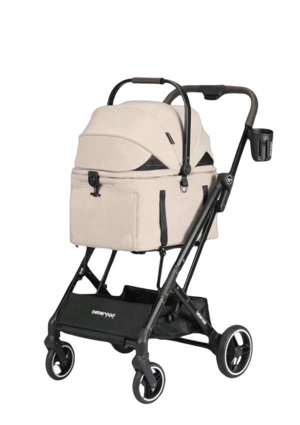 A sophisticated beige pet stroller with a secure enclosed canopy, breathable mesh panels, and a cup holder for added practicality. Perfect for stylish outings with your pet.